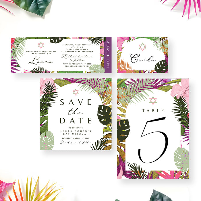 Set of Bat Mitzvah invitations with tropical leaf designs on a white background