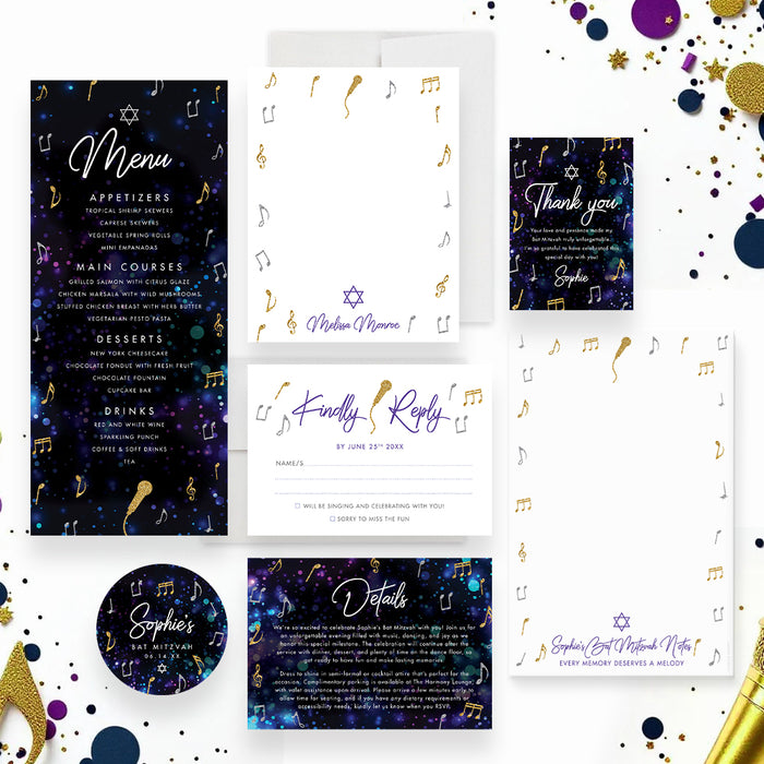Music Theme Bat Mitzvah Invitation with Microphone Design