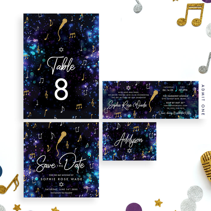 Music Theme Bat Mitzvah Invitation with Microphone Design