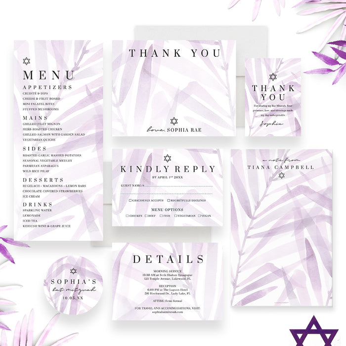 Lavender Bat Mitzvah Invitation Elegant Jewish Celebration Card