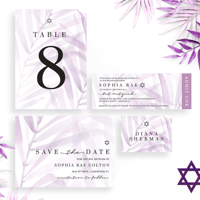 Lavender Bat Mitzvah Invitation Elegant Jewish Celebration Card