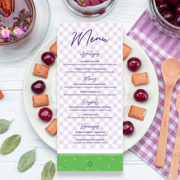 Bat Mitzvah Invitation Purple Gingham Plaid Garden Party Invite