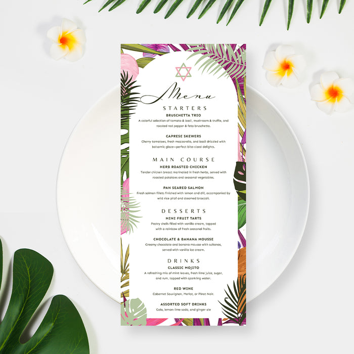Menu card with tropical leaf design on a white plate with flowers and leaves.