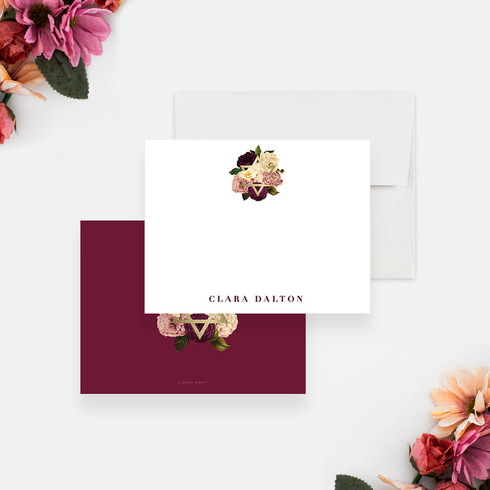 Burgundy Floral Jewish Note Card, Personalized Bat Mitzvah Thank You Card, Golden Star of David Religious Correspondence Card for Women