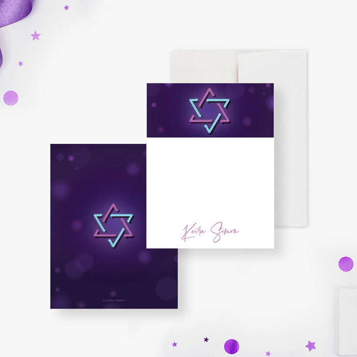 Colorful Jewish Note Card with Neon Light Star of David, Bat Mitzvah Thank You Card, Purple Religious Stationery Correspondence Card, Personalized Jewish Gifts