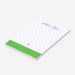 Personalized bat mitzvah notepad with a lavender picnic blanket, purple script name, and a green grass border with flowers-side