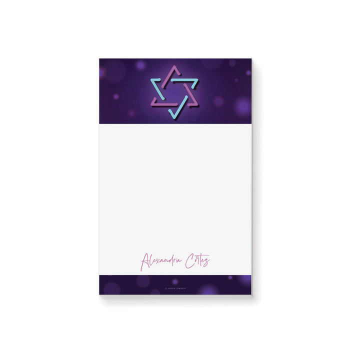 Colorful Jewish Notepad with Neon Light Star of David, Purple Jewish Stationery Writing Pad, Personalized Religious Gifts, Bat Mitzvah Party Favor