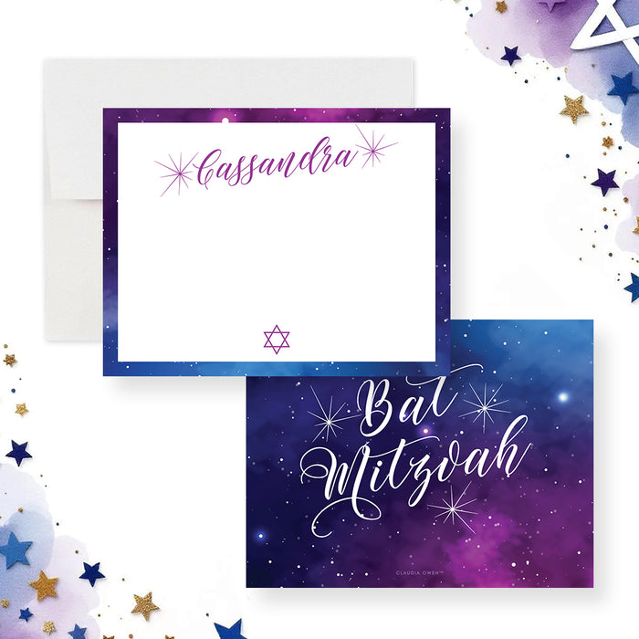 Bat Mitzvah note card featuring a purple and blue galaxy design, Star of David, and elegant script font for names, Jewish thank-you stationery.-front-back