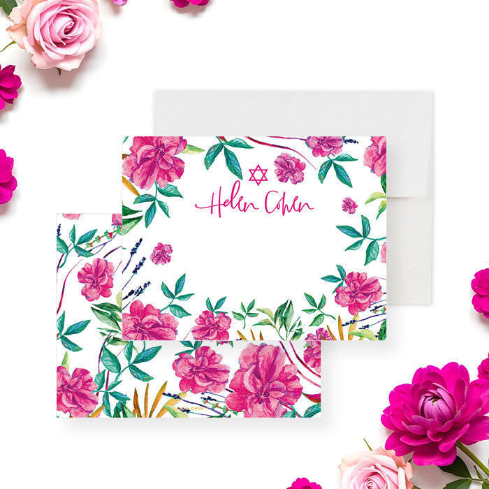Floral Bat Mitzvah thank you note card featuring pink flowers, greenery, and Star of David, personalized stationery design-front-back
