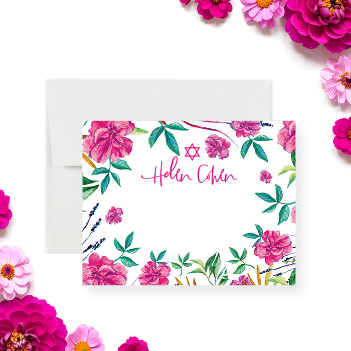 Floral Bat Mitzvah thank you note card featuring pink flowers, greenery, and Star of David, personalized stationery design-front