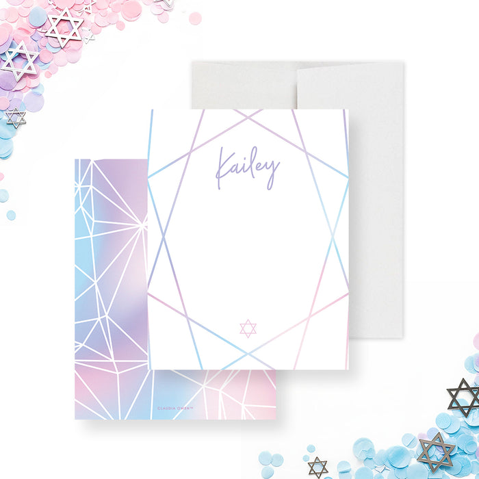 Bat Mitzvah note card featuring a pastel Star of David geometric design for Jewish celebration thank you stationery.-front-back