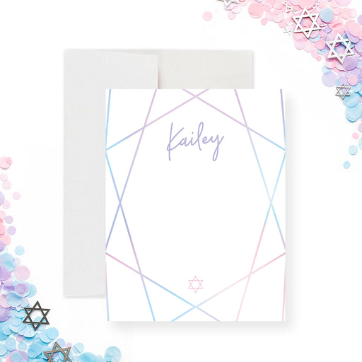 Bat Mitzvah note card featuring a pastel Star of David geometric design for Jewish celebration thank you stationery.-front