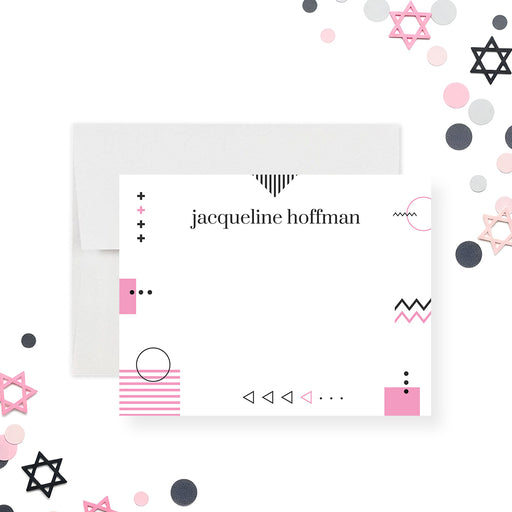Personalized Bat Mitzvah note card with pink and black geometric design and custom name printed on white cardstock.-front