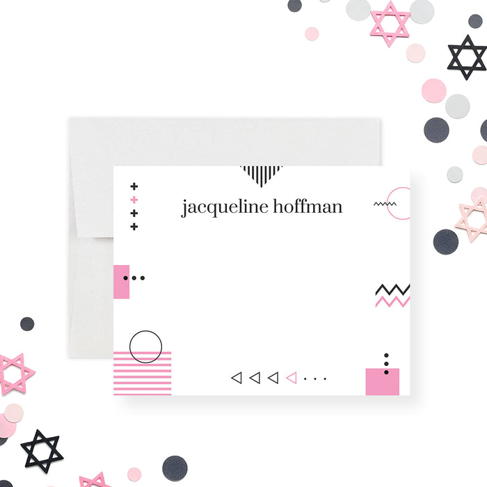 Personalized Bat Mitzvah note card with pink and black geometric design and custom name printed on white cardstock.-front