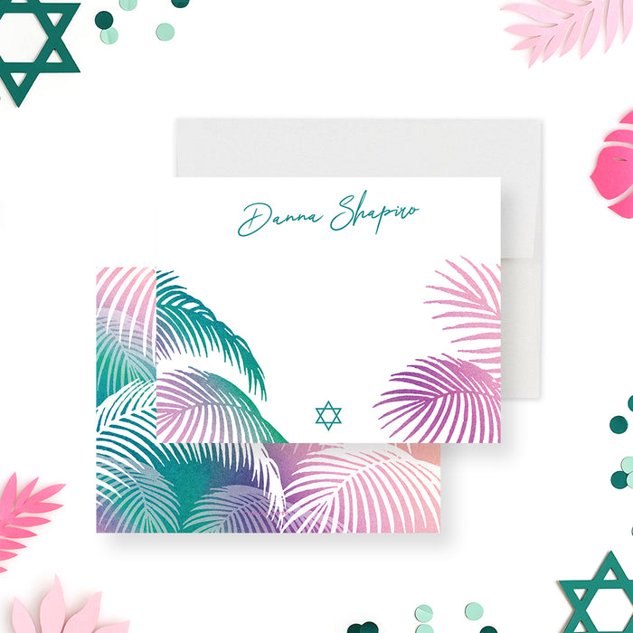 Tropical Bat Mitzvah note card featuring pink, purple, and teal palm leaves with Star of David design.-front-back