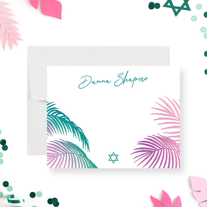 Tropical Bat Mitzvah note card featuring pink, purple, and teal palm leaves with Star of David design.-front