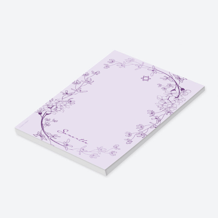Lavender floral notepad featuring a Star of David and personalized name, ideal for Bat Mitzvah gifts or Jewish stationery.-side
