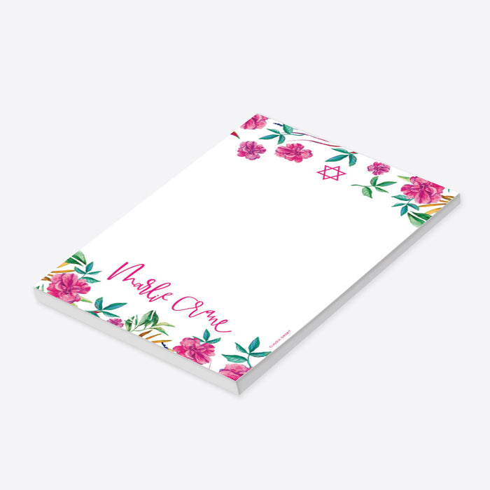 Personalized floral Bat Mitzvah notepad featuring a pink botanical design and Star of David, stylish Jewish daily stationery.-side