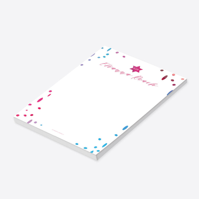 Custom Star of David notepad featuring colorful painterly abstract dots, personalized with a name, making it an ideal gift for Bat Mitzvahs or Jewish holiday celebrations.-side