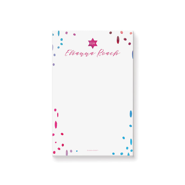 Custom Star of David notepad featuring colorful painterly abstract dots, personalized with a name, making it an ideal gift for Bat Mitzvahs or Jewish holiday celebrations.
