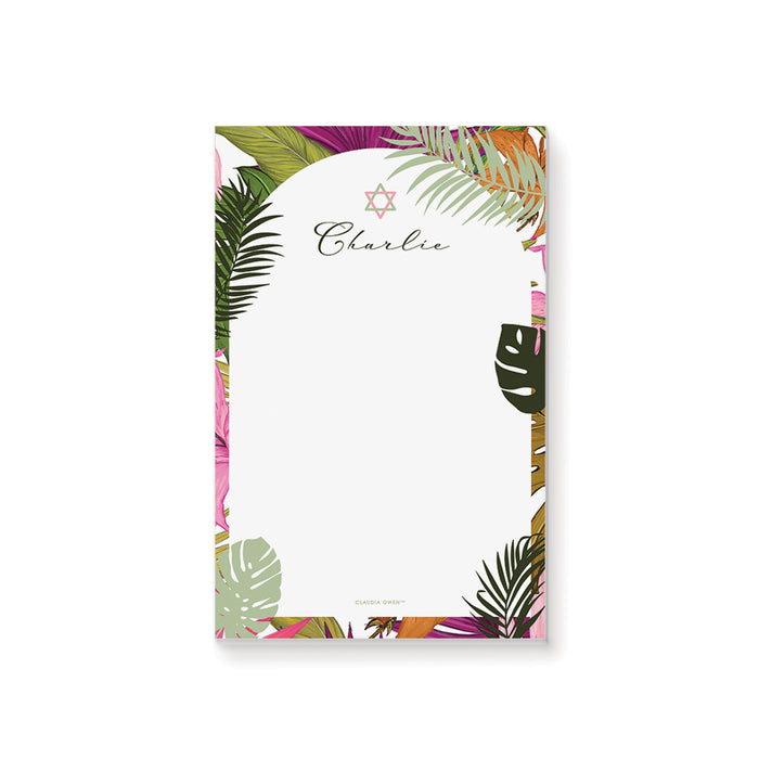 Personalized tropical Bat Mitzvah notepad featuring palm leaves, Star of David, and custom name. Jewish celebration stationery and keepsake.