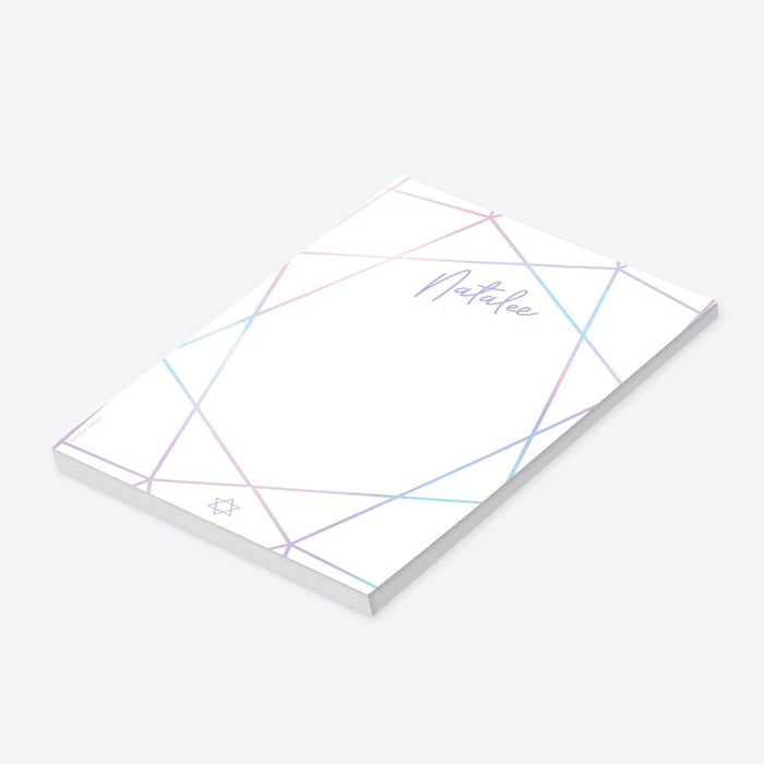 Personalized Bat Mitzvah notepad featuring a pastel Star of David geometric design, perfect as a Jewish stationery gift or keepsake.-side