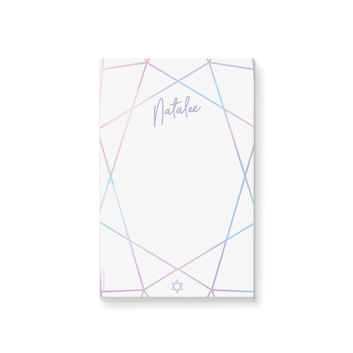 Personalized Bat Mitzvah notepad featuring a pastel Star of David geometric design, perfect as a Jewish stationery gift or keepsake.