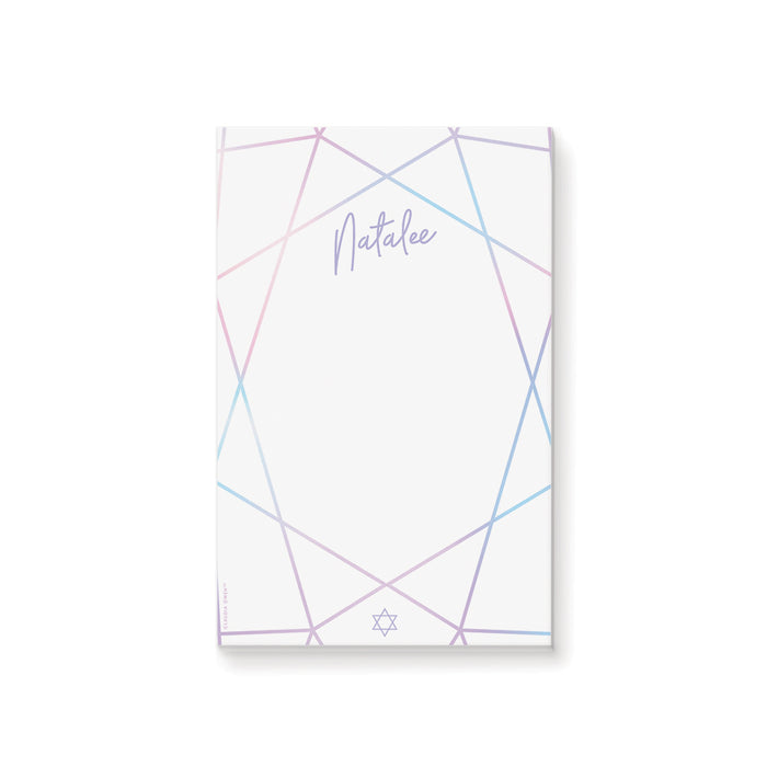 Personalized Bat Mitzvah notepad featuring a pastel Star of David geometric design, perfect as a Jewish stationery gift or keepsake.