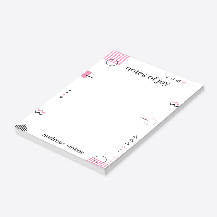 Personalized Notes of Joy modern notepad with pink and black geometric accents and a custom name-side