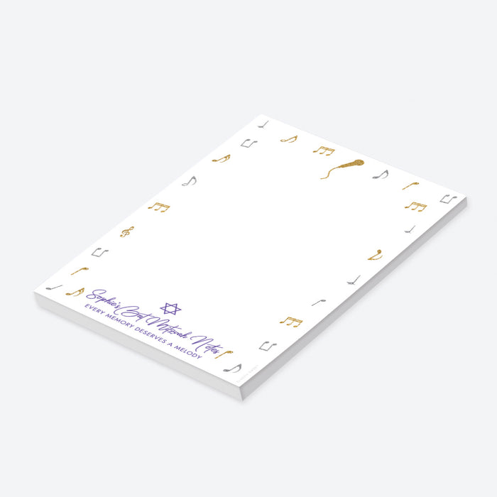 Personalized notepad with musical notes and Star of David design, perfect as a Bat Mitzvah gift or keepsake.-side