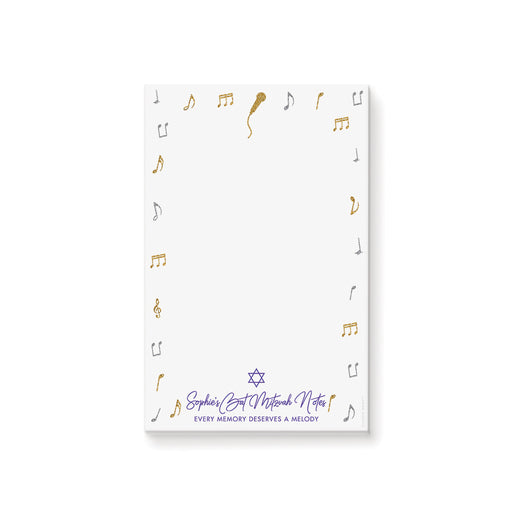 Personalized notepad with musical notes and Star of David design, perfect as a Bat Mitzvah gift or keepsake.