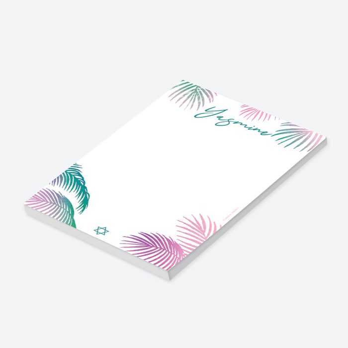 Personalized notepad featuring colorful palm leaves and a Star of David at the bottom—an ideal gift for Bat Mitzvah or Jewish celebrations.-side
