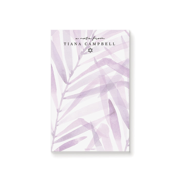 Custom notepad featuring soft lavender watercolor foliage and a Star of David, making it a perfect gift for Jewish coming-of-age celebrations.