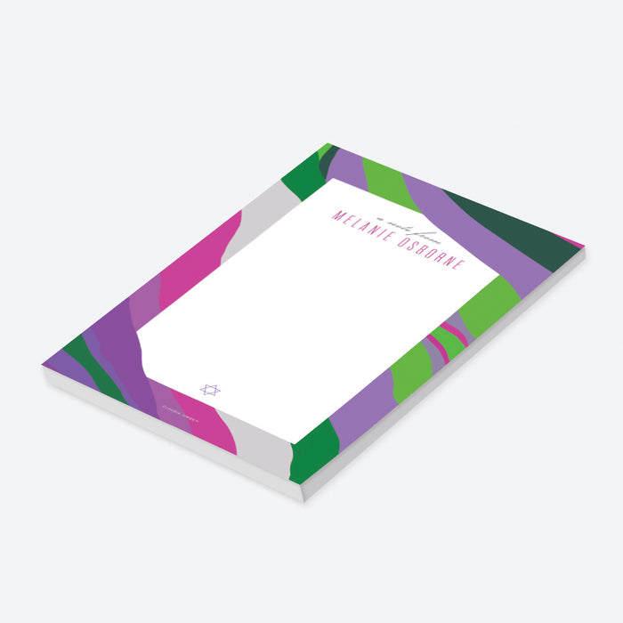 Personalized bat mitzvah notepad with purple watercolor design, elegant Jewish stationery with soft abstract background and refined lettering-side