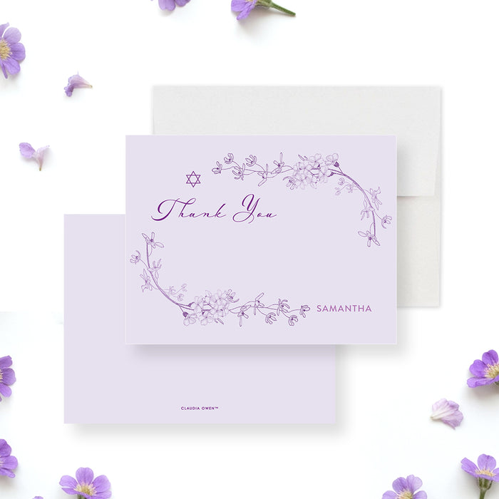 Lavender Bat Mitzvah thank you card with floral design and Star of David personalized Jewish stationery.-front-back