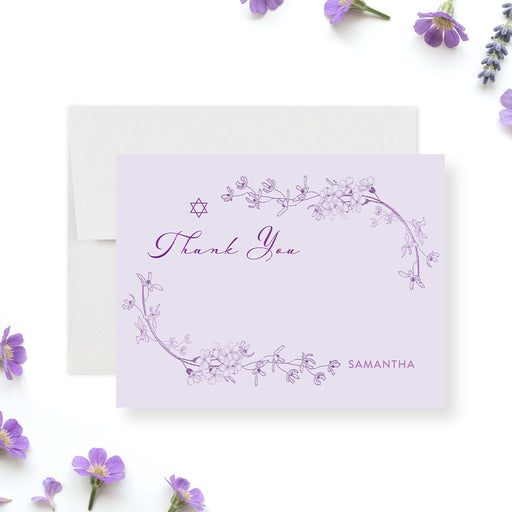 Lavender Bat Mitzvah thank you card with floral design and Star of David personalized Jewish stationery.-front