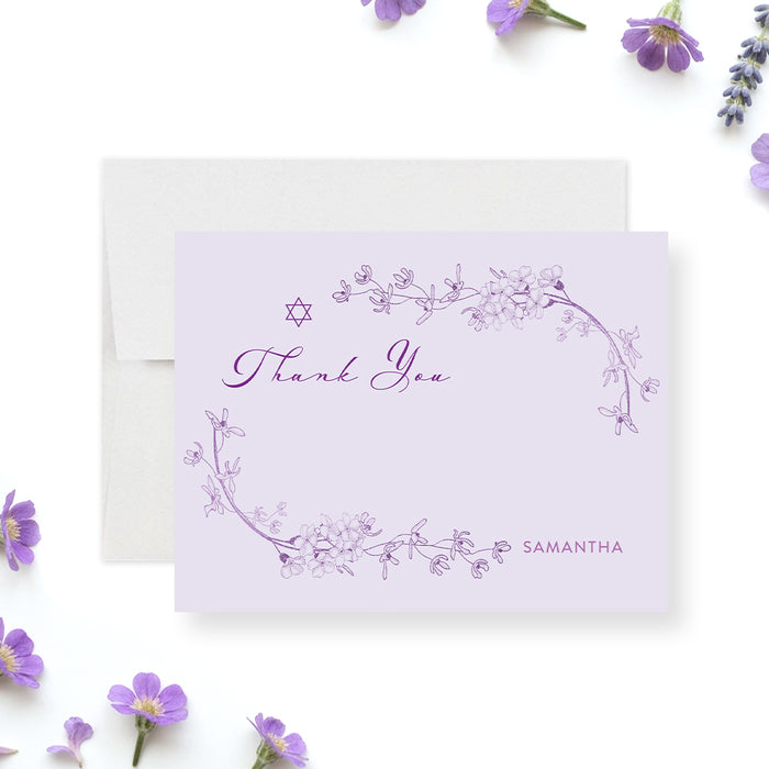 Lavender Bat Mitzvah thank you card with floral design and Star of David personalized Jewish stationery.-front