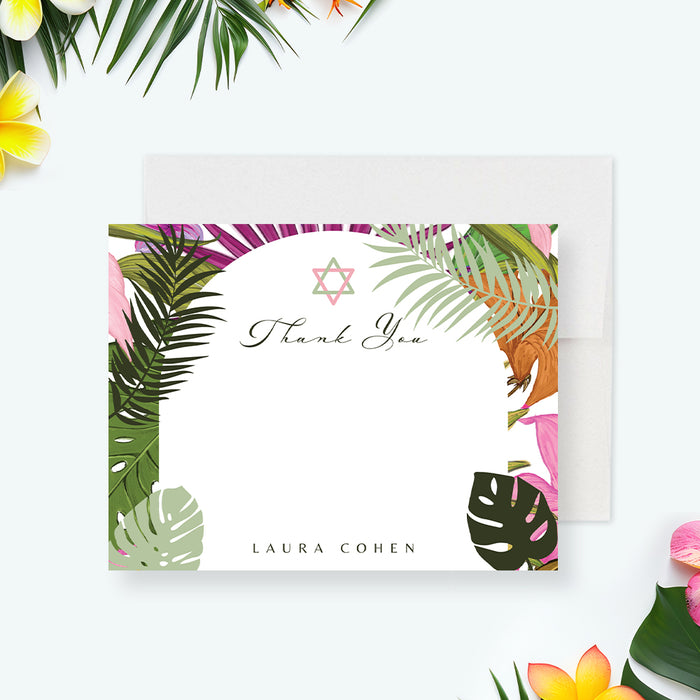 Tropical-themed Bat Mitzvah card with floral design and 'Thank You' text on a white background.