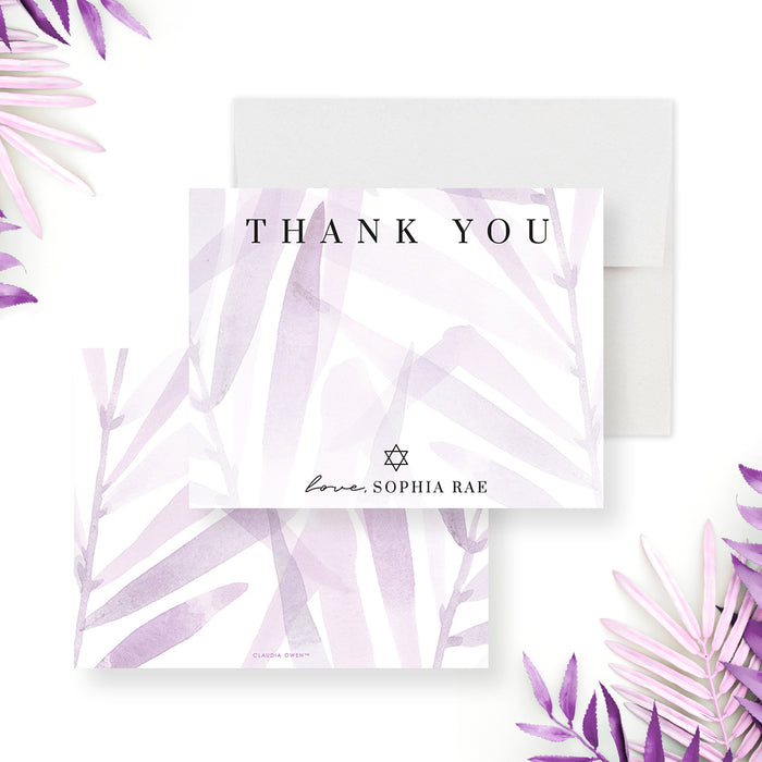Lavender Bat Mitzvah thank you card featuring soft botanical watercolor and Star of David, personalized Jewish stationery.-front-back