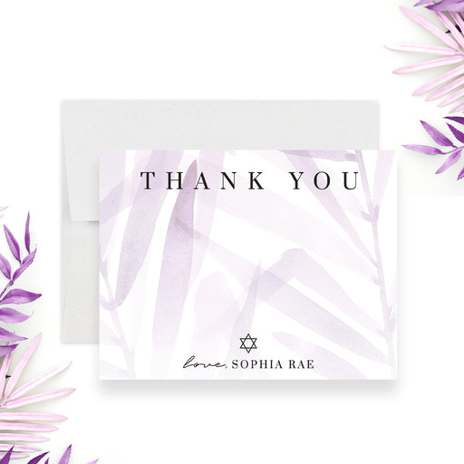 Lavender Bat Mitzvah thank you card featuring soft botanical watercolor and Star of David, personalized Jewish stationery.-front