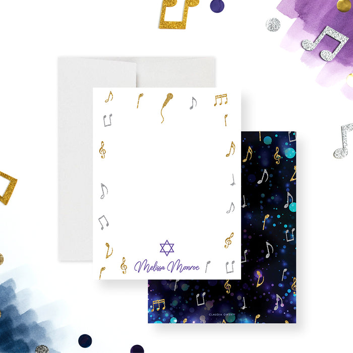 Personalized note card featuring gold and silver musical notes and a Star of David, perfect for Bat Mitzvah thank-yous or a music lover gift.-front-back