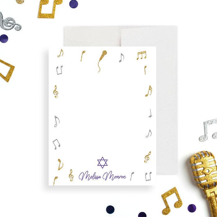 Personalized note card featuring gold and silver musical notes and a Star of David, perfect for Bat Mitzvah thank-yous or a music lover gift.-front