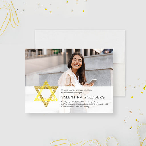 Bat Mitzvah photo invitation featuring a gold Star of David and personalized details-front