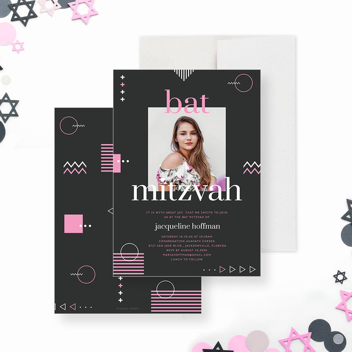 Modern bat mitzvah invitation featuring a photo and geometric design in a pink, gray, and white color scheme-front-back
