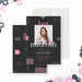 Modern bat mitzvah invitation featuring a photo and geometric design in a pink, gray, and white color scheme-front-back