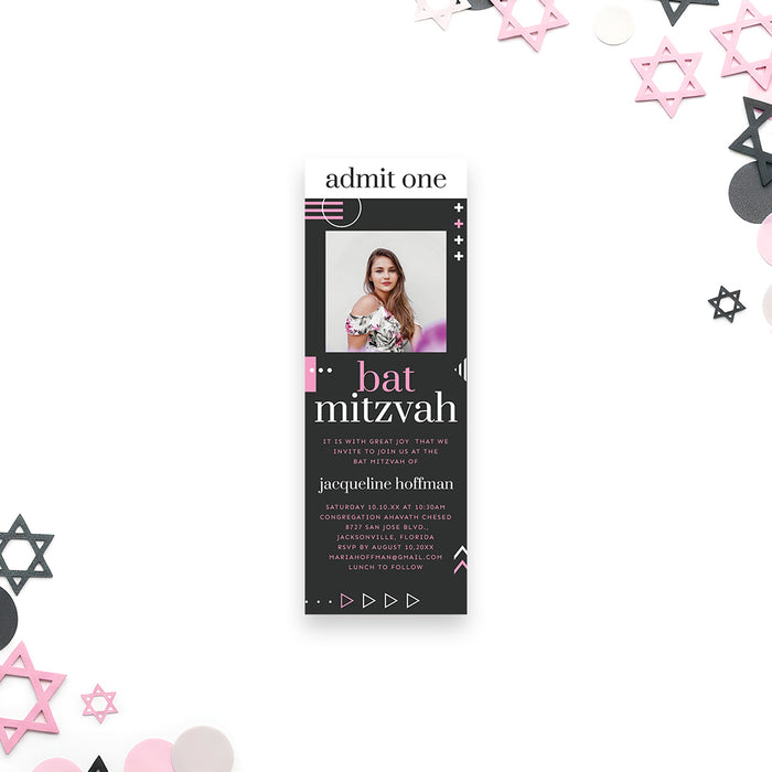 Personalized bat mitzvah ticket invitation featuring a photo with a pink, white, and gray geometric design