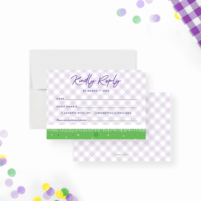 Bat Mitzvah Invitation Purple Gingham Plaid Garden Party Invite