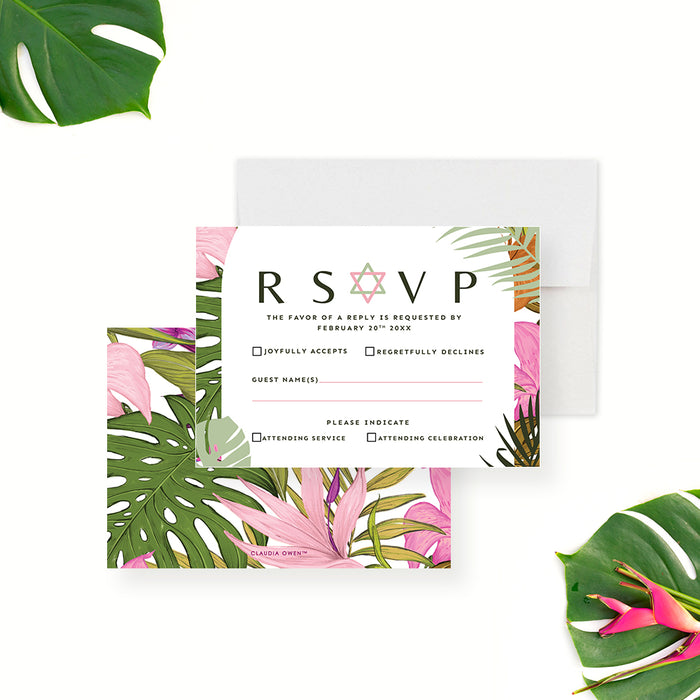 Tropical-themed Bat Mitzvah RSVP card with pink flowers and green leaves on a white background
