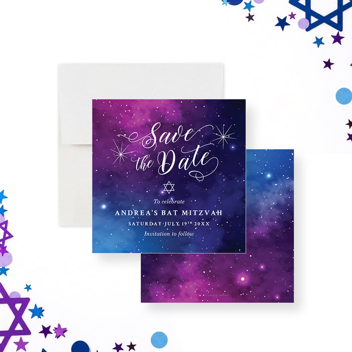 Bat Mitzvah save the date card with a cosmic galaxy background and Star of David design for Jewish coming-of-age celebrations.-front-back