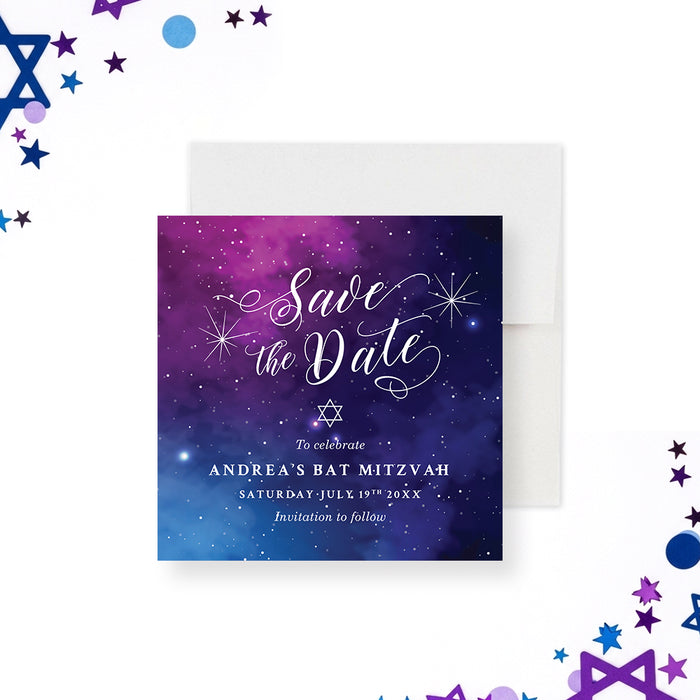 Bat Mitzvah save the date card with a cosmic galaxy background and Star of David design for Jewish coming-of-age celebrations.-front